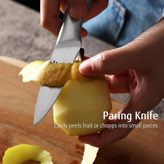 hecef Silver Kitchen knife set of 3, Satin Finish Blade with Hollow Handle, includes 8" Chef, 5" Utility and 3.5" paring knife