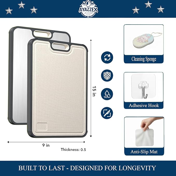 Titanium Cutting Board for Kitchen – Double-Sided Food Grade Cutting Board – 99.9% Titanium & Wheat Straw PP (15”×9”) Large Size & Ultra Durable, Easy to Clean - Includes Sponge & Pad & Hook