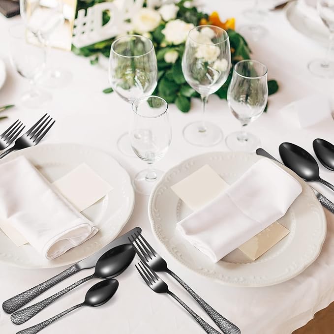 Black Hammered Silverware Set 8 Stainless Steel Flatware Vintage 40 piece include Knife Fork Spoon Proper Weight for Parties Restaurant Utensils and Kitchen Daily Use