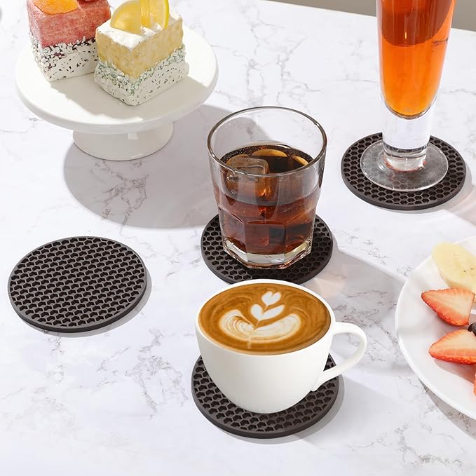 Silicone Coaster Set of 8 with Holder, Drinks Coasters, Coffee, Anti-Slip, Non-Stick, Anti-Overflow Tabletop Protection and Decor (8 Pcs, Coffee)