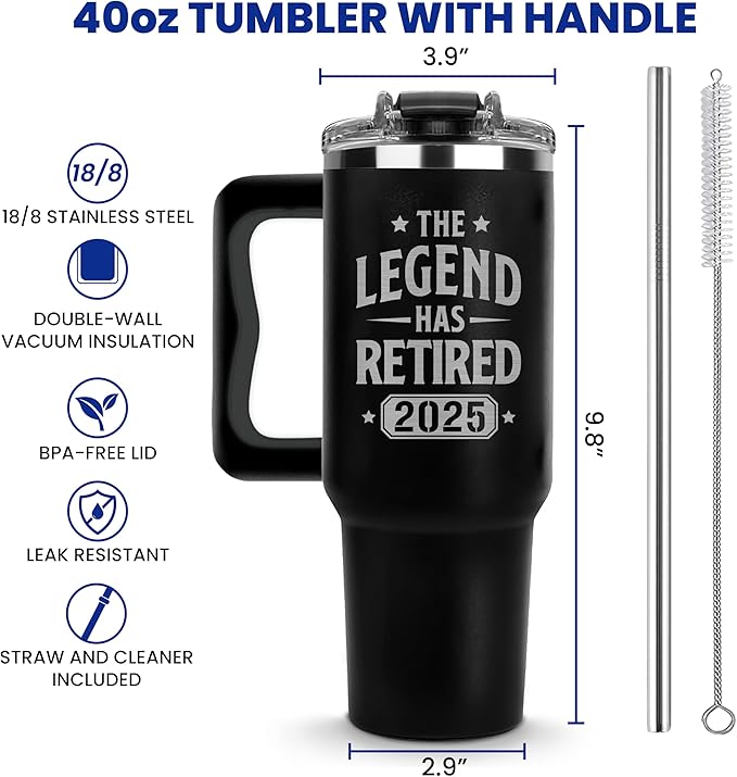 Retirement Gifts for Men 2025, The Legend Has Retired 2025 Tumbler 40Oz, Retirement Cup, Retired Gifts for Men, Farewell Gift for Coworkers, Retiring Coffee Mug Ideas for Colleague, Boss