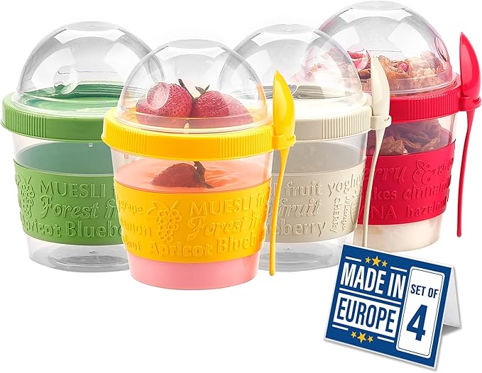 Crystalia 4 Pack 17 oz On The Go Yogurt Parfait Cups with Lids, Mini Breakfast On the Go Plastic Bowls with Topping Cereal Oatmeal Container with Spoon for Lunch, Portable & Reusable, Colorful Set