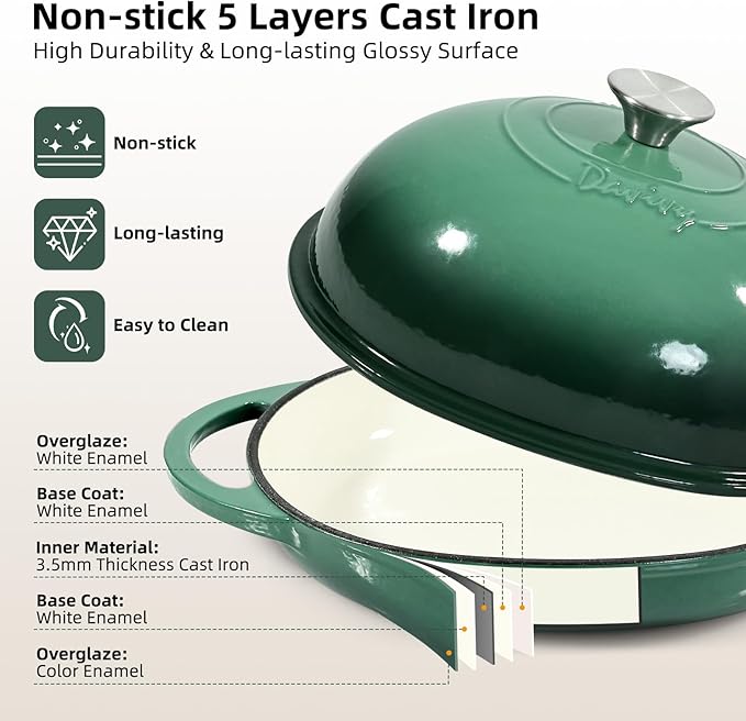 Davivy Cast Iron Oval Bread Pan with Lid 6QT, Dutch Oven for Sourdough Bread, Non-stick Cast Iron Sourdough Baking Pan with Silicone Oven Mitts - Foreset Green