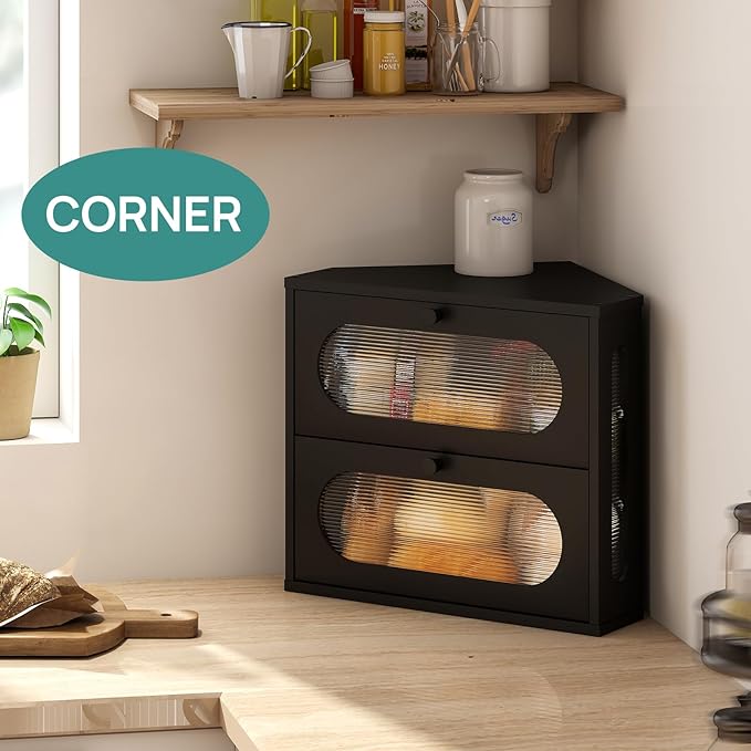 Corner Bread Box for Kitchen Countertop, 2 Tier Black Corner Bread Box, Bamboo Wood Large Capacity Bread Storage Bin with Acrylic Wavy Door Panel