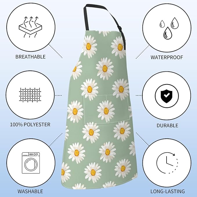 White Daisy Floral Apron for Women,28x33in,Fresh Spring Kitchen Aprons with 2 Pockets, Oxford Fabric,Flower Adjustable Apron for Cooking Baking Gardening Chef,Gifts for Mom Wife
