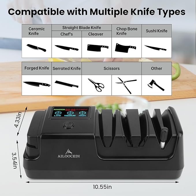 Electric Knife Sharpener with LCD Screen, 3-Stage Speed Adjustable Knife Sharpener for All Kitchen Knives Quick Sharpening (Black)