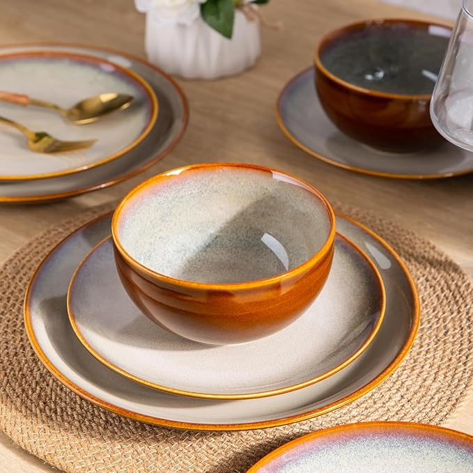 LeRatio Ceramic Dinnerware Sets for 6,18-Piece Plates and Bowls,Handmade Reactive Glaze Dishes Set,Chip Resistant and Scratch Resistant | Oven Dishwasher & Microwave Safe,Service for 6-Kahki