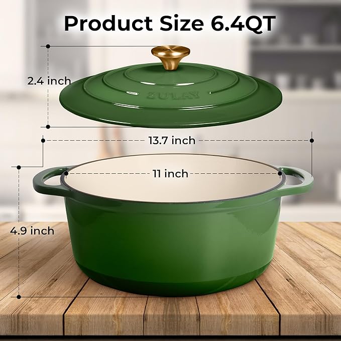 Zulay Kitchen 6 Quart Enameled Cast Iron Dutch Oven Pot with Lid – Premium Durability & Oven Safe up to 500°F – Heavy Duty Cookware Perfect for Bread Baking, Stews, Braising & Roasting – Green
