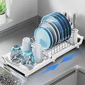 Expandable Dish Drying Rack for Sink or Countertop – Compact Stainless Steel Dish Drainer with Removable Utensil Holder, Rustproof Plate Rack for Small Kitchen Spaces, White