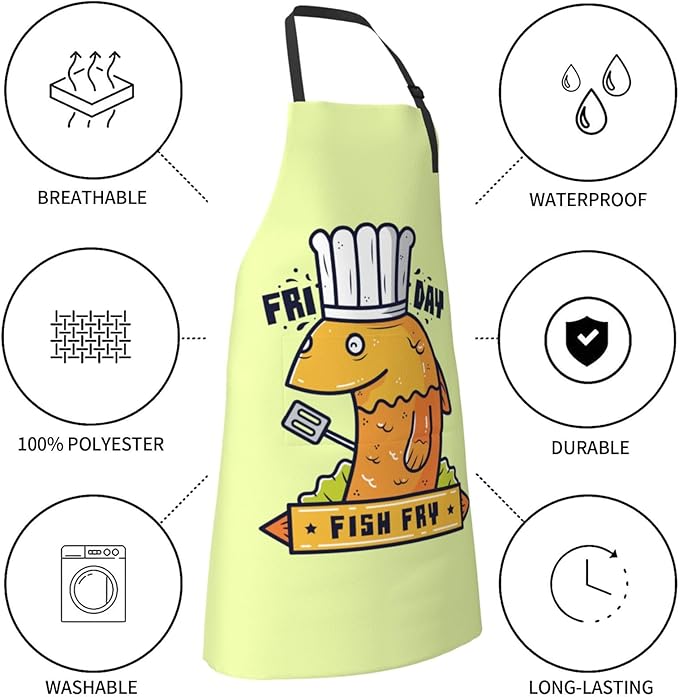 Friday Fish Fry Apron Adjustable Neck Aprons For Men Women With Pockets Waterproof Aprons For Kitchen Home Cooking Bbq Apron