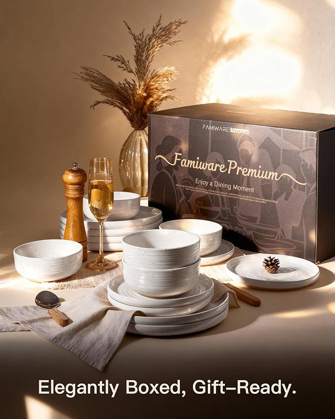 Plates and Bowls Sets for 6, Famiware Premium 18-Piece Stoneware Dinnerware Set, Spiral Flared Dish Set with Speckles & Reactive Glaze - Microwave & Dishwasher Safe Tableware, White