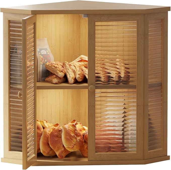 Corner bread box Bread Box for Kitchen Countertop - Corner Bread Storage Box 16.51" H, Premium Pine Wood with Glass Door, Perfect for Homemade Bread, Baguettes & Pastries (Natural wood)