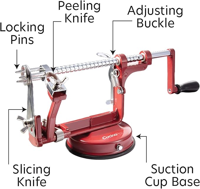 Apple Peeler and Corer - Durable Heavy Duty Chrome Cast Iron w Powerful Countertop Suction, Hand Crank for Fruits, Potatoes or Veggies, Picking Season- Holiday Pie Dessert Baking, Must Have Xmas Gift