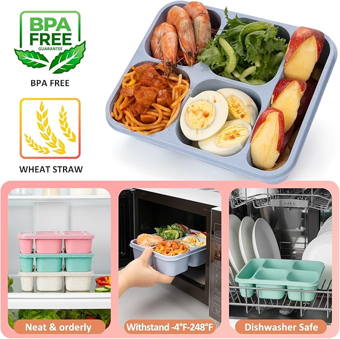 Bento Box Adult Lunch Box 5 Compartment Snack Containers for Kids, Stackable Lunch Containers Food Storage Box- Reusable Snack Container Box for School, Work, Travel, BPA-Free (4 Pack)