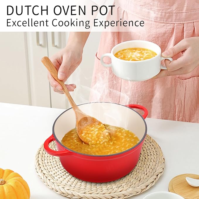 6 Quart Enameled Cast Iron Dutch Oven Pot with Lid and Silicone Accessories, Oven Safe up to 500°F or on Stovetop, Non-stick Dutch Oven for Bread Baking, Cooking, Dual Handles Cookware, Red
