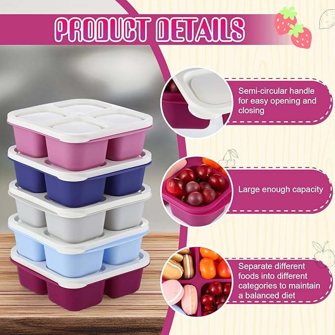 Honeydak 5 Pack Snack Containers 4 Compartment Bento Snack Boxes Reusable Lunchable Containers with Lids Divided Meal Prep Lunch Food Storage Box for School Work Travel(Elderberry,Equal)