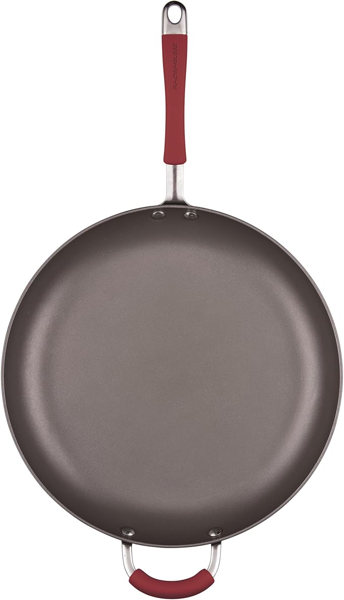 Rachael Ray 87631-T Cucina Hard Anodized Nonstick Skillet with Helper Handle, 14 Inch Frying Pan, Gray/Red