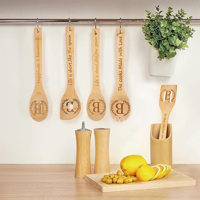 5PCS Initial Wooden Cooking Spoons Initial Letter Kitchen Decor Gifts Personalized Monogrammed Birthday Gifts for Women Mom Friend Housewarming Wedding Bamboo Cooking Spoons