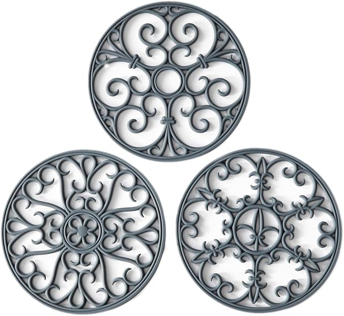 Silicone Trivet Mat - Hot Pot Holder Hot Pads for Table & Countertop - Teapot Trivet Kitchen Trivets - Non-Slip & Heat Resistant Modern Kitchen Hot Pads for Pots & Hot Dish Grey Trivet Set of 3