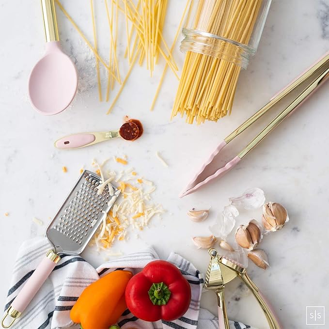 Gold and Pink Kitchen Utensil Set with Holder - 7-Piece Cooking Tools with Gold Whisk, Ladle, Tongs, Turner, Spatula, and Spoon - Stylish Pink Kitchen Accessories for Modern Cooking & Serving