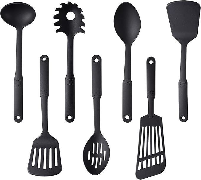 TJ POP Kitchen Utensils Set, 7PCS Cooking Utensils Set 410F° Heat Resistant & Non-stick Food Nylon Kitchen Gadgets Accessories For Cookware, BPA Free Kitchen Tools Gift (Black)