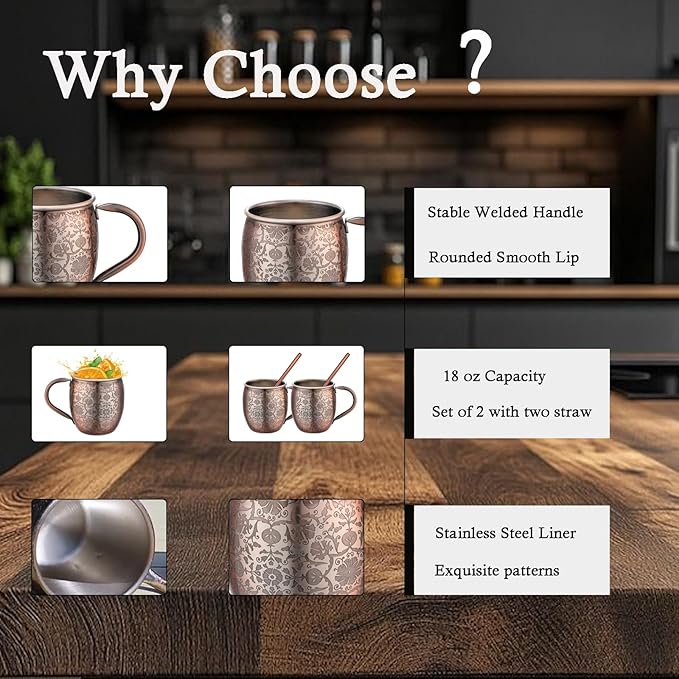 Moscow Mule MugsSet of 2-18 Oz Copper-Plated Fine Craftsmanship Etched Mugs,304 Stainless Steel-Lined Mule Cups,For Cold Drinks, Beer, Wine, Bars, Parties
