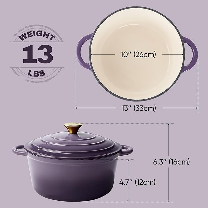 6 Quart Dutch Oven Pot with Lid, Non Stick Enameled Cast Iron Dutch Oven for Bread Baking, Heavy-Duty, Oven Safe Ceramic Cookware Up to 500°F for Baking, Braising, Stews, Roasting, Purple