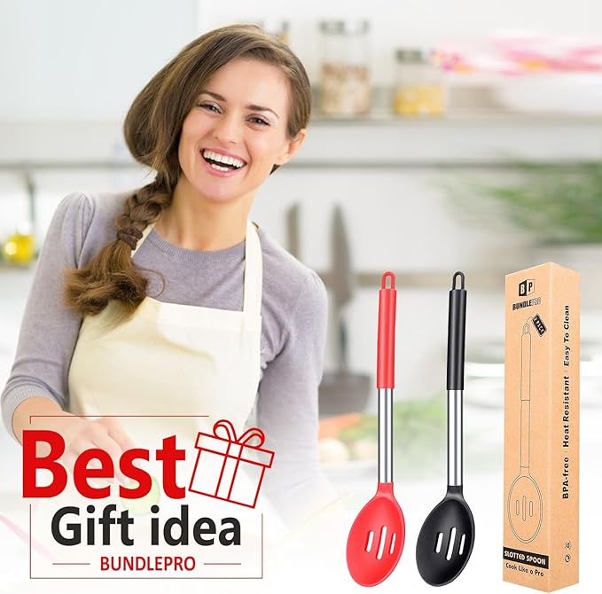 Pack of 2 Large Silicone Slotted Spoon Kitchen Skimmer with High Heat Resistant BPA Free Non Stick Cooking Ladle Strainers For Draining and Frying (Black- Red)