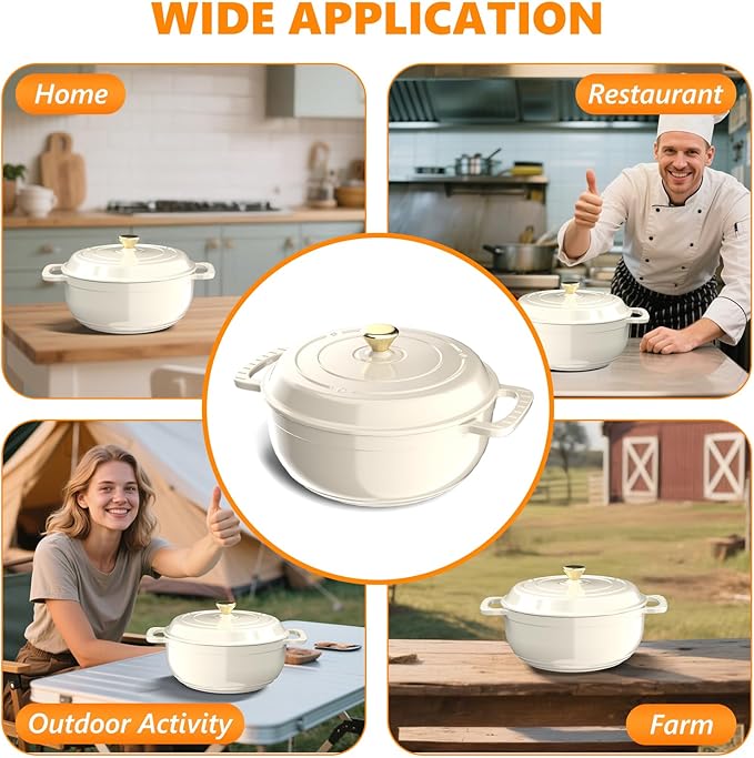 ROVSUN Enameled Cast Iron Round Dutch Oven, 6QT Pot with Lid &Dual Handles with Silicone Gloves,Oven Safe up to 500°F, Heavy-Duty Pre-Seasoned Cookware for Bread Baking, Braising, Stews, Roasting, Cream White