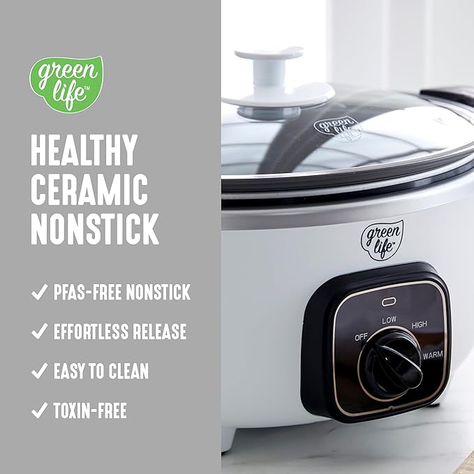GreenLife 3.5QT Slow Cooker, PFAS-Free Non-Toxic Ceramic Nonstick Removable Interior Bowl, Programmable, Keep Warm, Stovetop & Oven Safe Pot, Dishwasher Safe Crock & Glass Lid, White