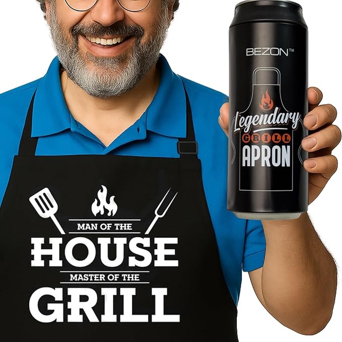 BEZON Funny Grill Apron for Men – Beer Can Gift Packaging – Hilarious BBQ Gift for Dad, Husband, or Friend – Heavy-Duty Water-Resistant Canvas – Man of the House, Master of the Grill