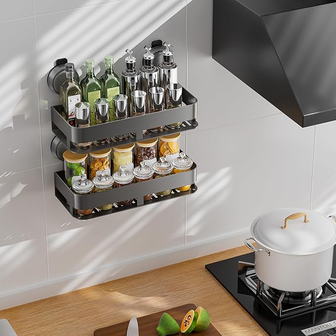 BREIS Suction Cup Spice Rack Organizer, Wall Mounted Spice Shelf for Kitchen, Hanging Seasoning Organizer, No Drill Spice Holder, Space-Saving Spice Organizer for Spice Jars and Seasonings (2 Pack)