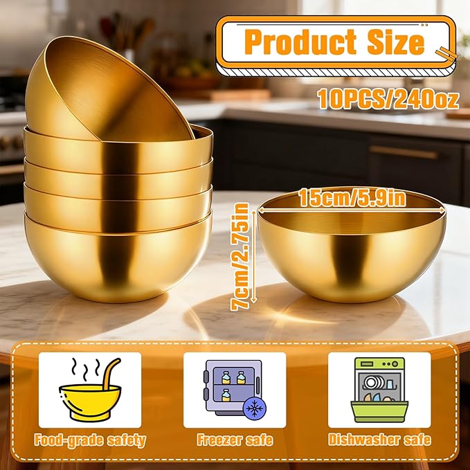 SHENLIU 10 Pcs 5.9 Inch Gold Mixing Bowls, Metal Stainless Steel Mixing Bowls Decorative for Salad Dessert Cereal Fruit Snack Soup Party Serving Cooking Baking Prepping