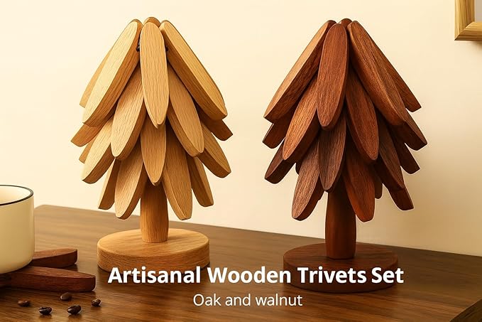 Natural Walnut Wood Tree Trivet Set – 3 Foldable Wooden Trivets with Stand, Handmade Heat Resistant Coasters for Hot Dishes, Pots & Pans, Premium Kitchen Décor Gift