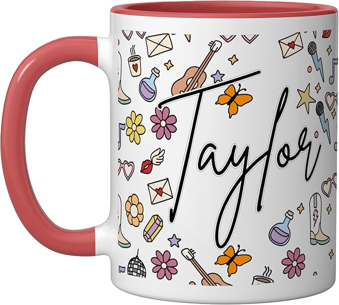 Girl Retro Taylor First Name Coffee Mug for Men Women Ceramic Mug, Red/White