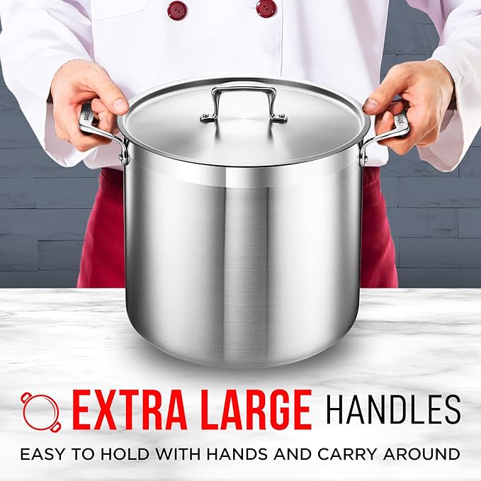 Stainless Steel Stockpot with Lid 20 Quart, Durable 18/8 Stainless Steel, Impact-Bonded Base for Even Heating, Riveted Handles, Oven & All Stove Compatible, Safe Up To 500°F (260°C)