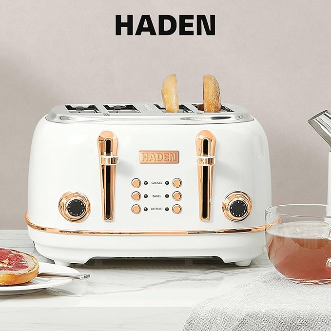 Haden Heritage 4 Slice Wide Slot Stainless Steel Toaster with Adjustable Browning Control & Non-Slip Feet, Ivory & Copper