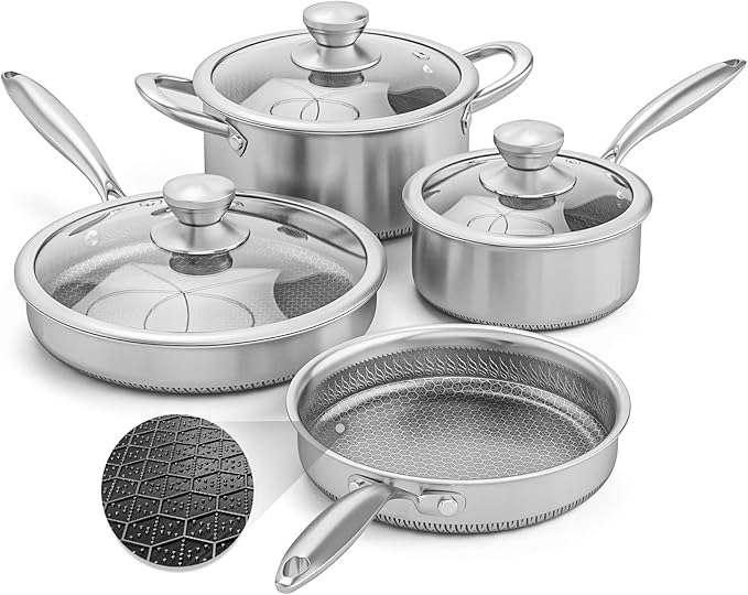 AuFranc® Hybrid Nonstick Stainless Steel Pots and Pans Set, Induction Cookware Set with Tempered Glass Lids, Non-stick Pot and Pan Set Suitable for All Cooktops, Non-Toxic, Dishwasher & Oven Safe