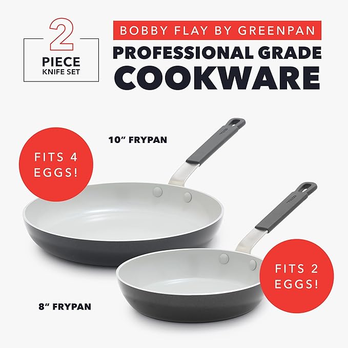 GreenPan x Bobby Flay 2 Piece- 8” and 10” Nonstick Frying Pan Skillet Set, PFAS-Free Diamond Ceramic, Induction Suitable, Stay-Cool Silicone Handle, Easy Clean Dishwasher & Oven Safe, Graphite