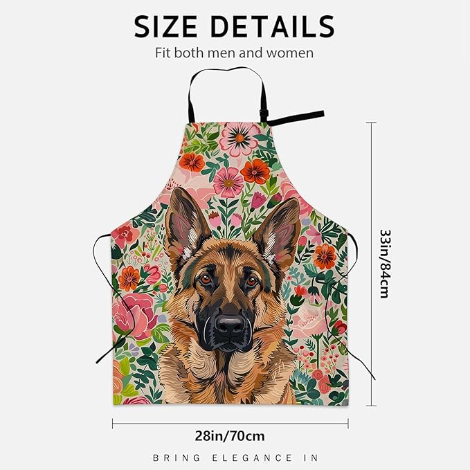 Charming German Shepherd Apron for Women Men, Cooking BBQ Chef Polyester Lightweight Dog and Vibrant Floral Aprons with Pockets for Baking Kitchen Gardening Cleaning, Adjustable, 28×33inch