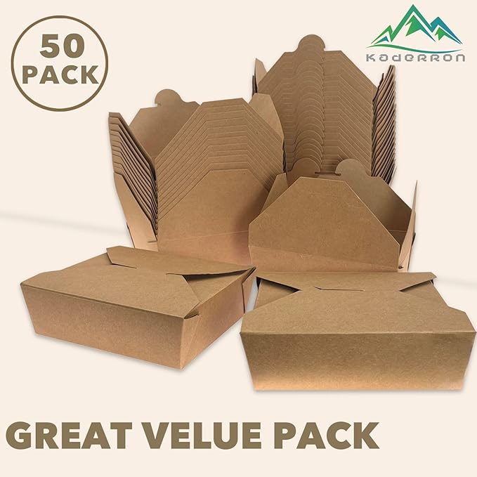 70Oz 50Pcs Disposable Take Out Food Containers, Brown Food Boxes To Go Kraft Paper Takeout Box Microwaveble and Refrigerator Safe(70OZ-50PACK)