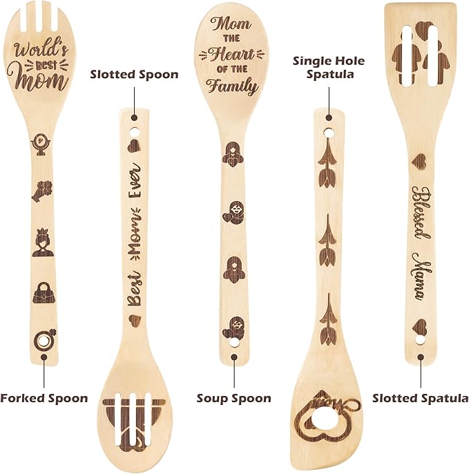 Eartim Mother's Day Wooden Spoons Utensils - 5Pcs Non-Stick Cooking Spoon Utensils Set Carve Burned Bamboo Spoons Slotted Spatula Kitchen Cookware Gadget Decor Kit Mother's Day Mom's Birthday Gift