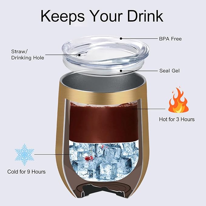 Lifecapido 8 Pack 12oz Stainless Steel Wine Tumblers, Insulated Wine Tumbler, Double Wall Insulated Wine Glass, Stainless Steel Stemless Wine Cups with Lids for Coffee, Wine, Champaign, Gold