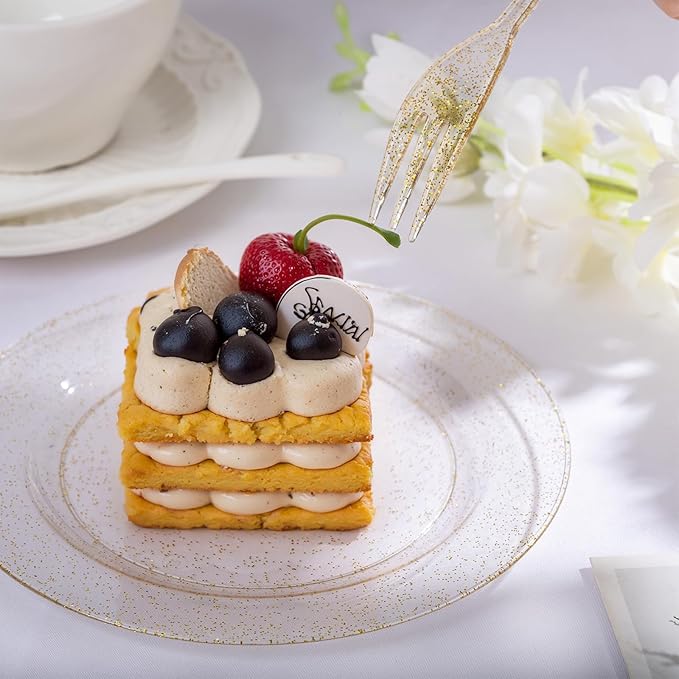 WELLIFE 60PCS Gold Glitter Dessert Plates and 60PCS Plastic Forks, 6.3 inch Disposable Dessert Plates for 60 Guests, Durable Gold Glitter Cake Plate, Perfect for Party
