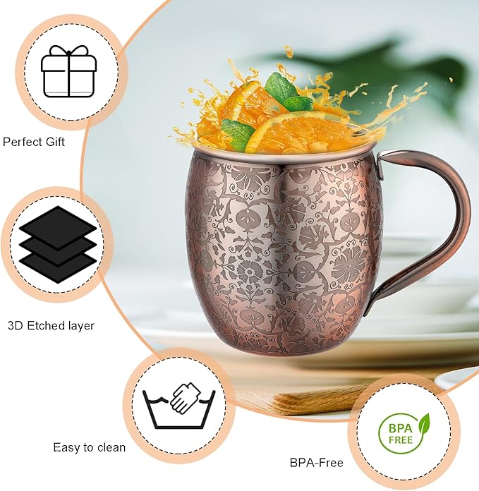 Moscow Mule Mugs - 18 Oz Copper-Plated Fine Craftsmanship Etched Mugs,304 Stainless Steel-Lined Mule Cups,For Cold Drinks, Beer, Wine, Bars, Parties