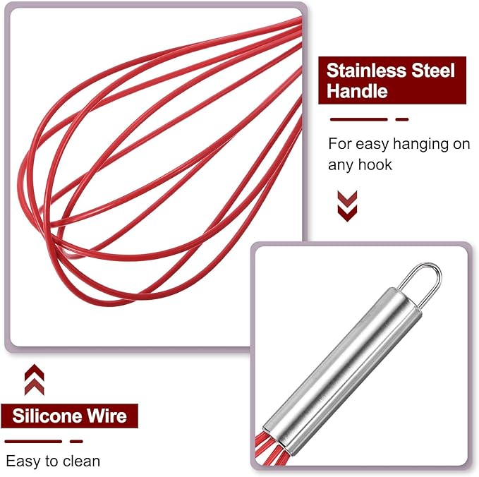 HARFINGTON 5Pcs Silicone Whisk 10" Kitchen Whisk Wire Whisks Beater with Stainless Steel Handle for Egg Milk Whisking Blending Beating & Stirring, Red