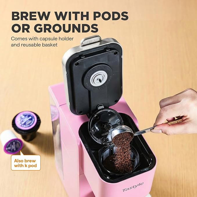 Single Serve Coffee Maker, Iced and Hot Coffee Machine for K Cup & Grounds, Compact Design, 40oz Removable Water Reservoir, 6 to 24 Oz Brew Sizes, Fits 7.3" Travel Mug, Pink