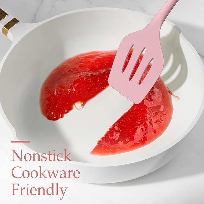 LIANYU Kitchen Silicone Utensils Set, 8Pcs Cooking Utensils Spatula Set for Nonstick Cookware, Heat Resistant Kitchen Gadgets Include Silicone Spoon, Turner, Spatula, Ladle, Dishwasher Safe, Pink