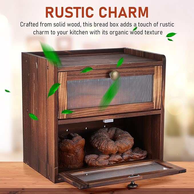 PRETYZOOM Bread Box for Kitchen Countertop, 2 Layer Wooden Bread Storage Bin with Magnetic Closure Window, Vintage Farmhouse Organization Kitchen Food Organizer