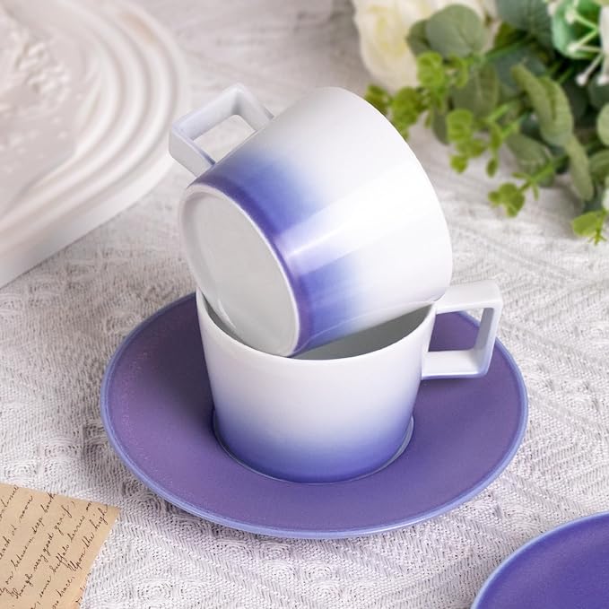 KAMMAK Ceramic Coffee Cups and Saucers Set of 2, Porcelain Espresso Cups with Saucers, 7 oz Handcrafted Ceramic Coffee and Tea Cup, Gradient Purple Drinkware for Tea Party, Office, Women Gifts